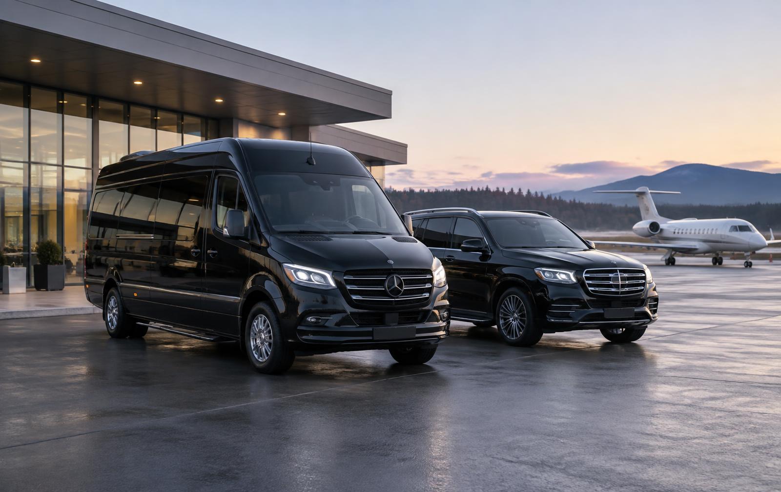 Executive vehicles at a private aviation terminal